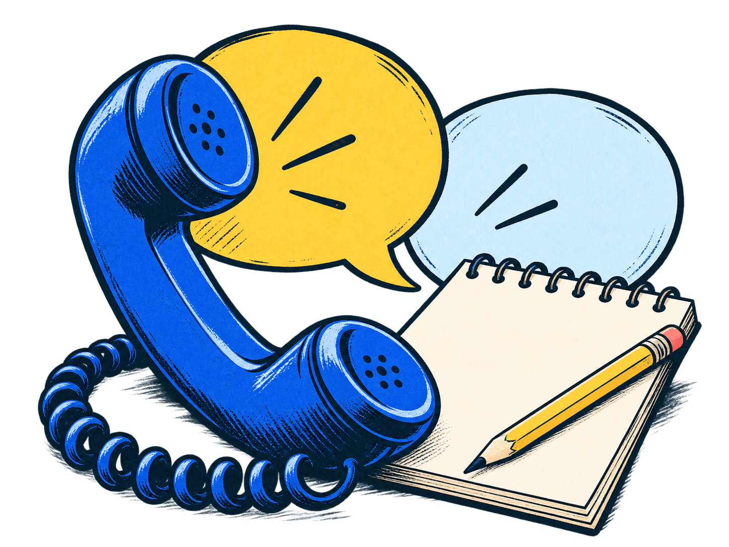Illustration: Telefon, Gesprächsblasen und Notizbuch