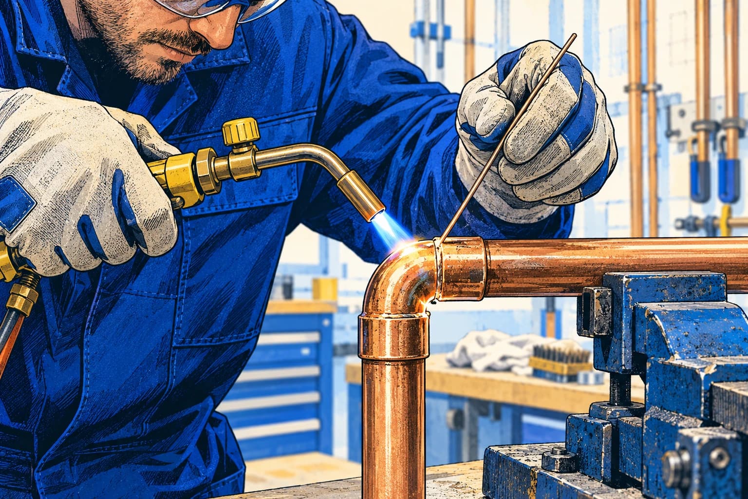 Illustration: Geschützte Hände beim Hartlöten einer Kupferrohrmuffe