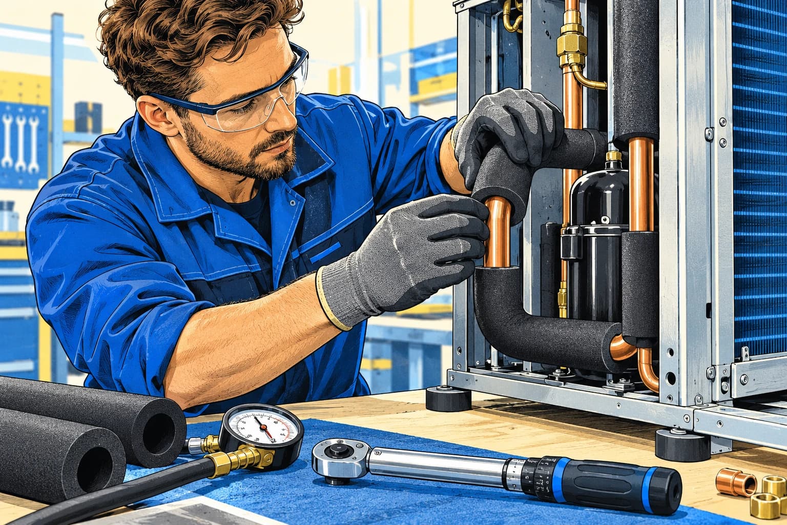 Illustration: Mechaniker passt Rohrisolierung an; Prüfmanometer und Drehmomentschlüssel liegen bereit