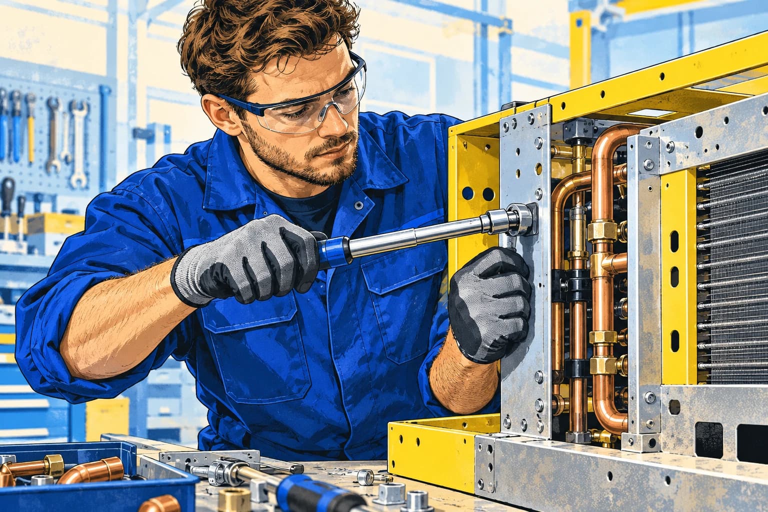 Illustration: Mechaniker montiert ein generisches Klimagerät mit Drehmomentschlüssel