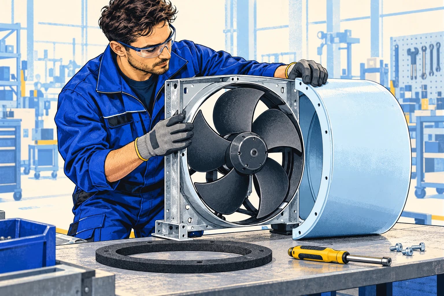 Illustration: Produktionsmitarbeiter richtet eine unbetriebene Lüfterkassette mit Haube und Dichtung aus