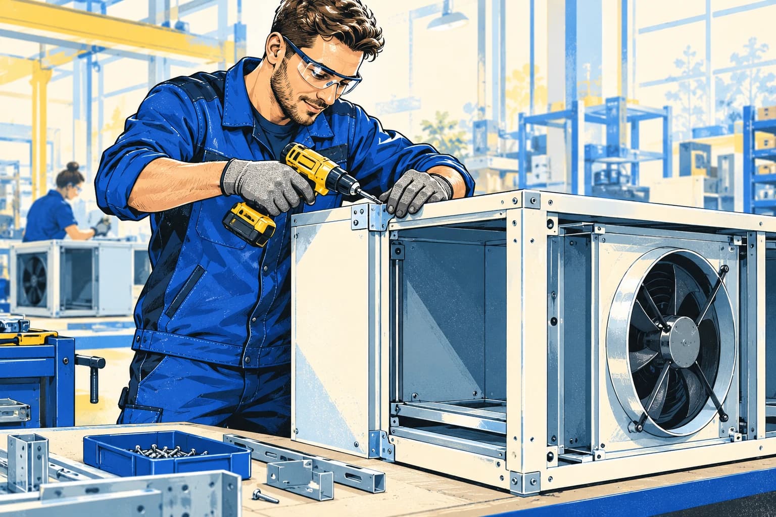 Illustration: Produktionsmitarbeiter verschraubt den Rahmen eines generischen Klimageräts